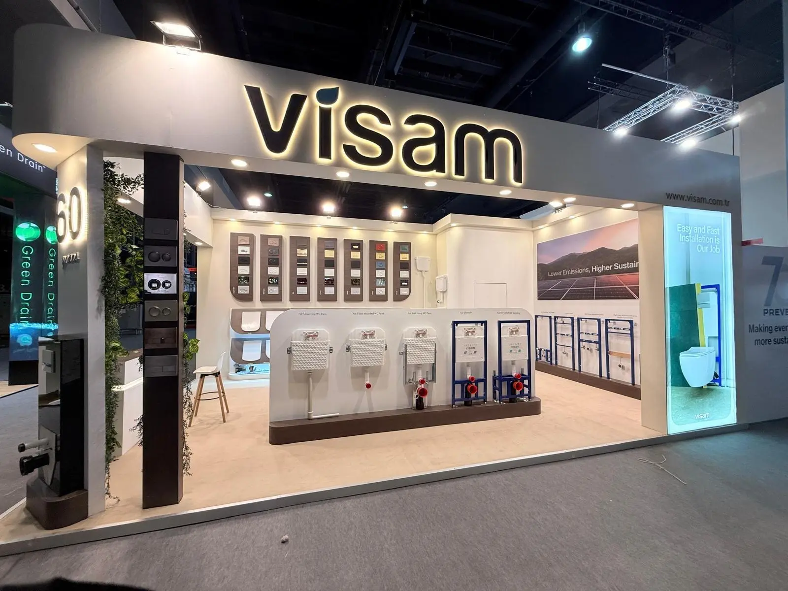 A stylish exhibition booth showcasing modern Scandinavian furniture and decor elements.